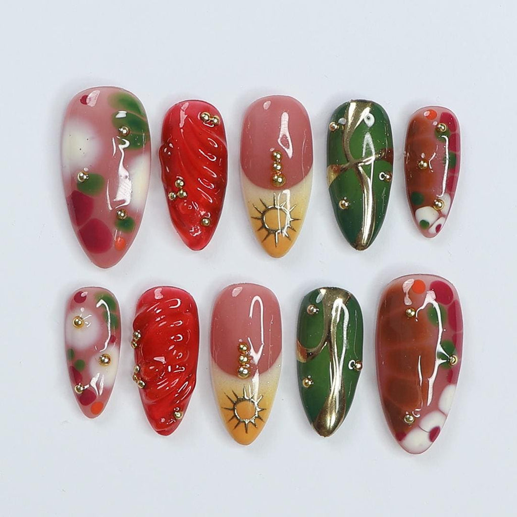 Freestyle Red & Green with Gold Chrome Long Coffin Press On Nails, Air Brush Fake Nails, Edgy Chrome Nails, Birthday Party Holiday Nail
