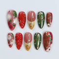 Freestyle Red & Green with Gold Chrome Long Coffin Press On Nails, Air Brush Fake Nails, Edgy Chrome Nails, Birthday Party Holiday Nail