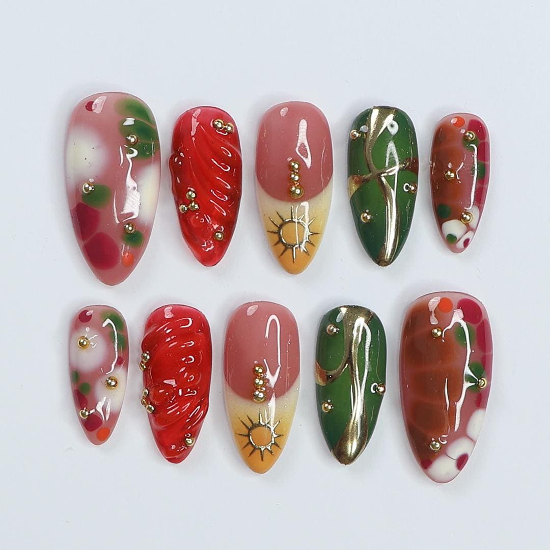 Freestyle Red & Green with Gold Chrome Long Coffin Press On Nails, Air Brush Fake Nails, Edgy Chrome Nails, Birthday Party Holiday Nail
