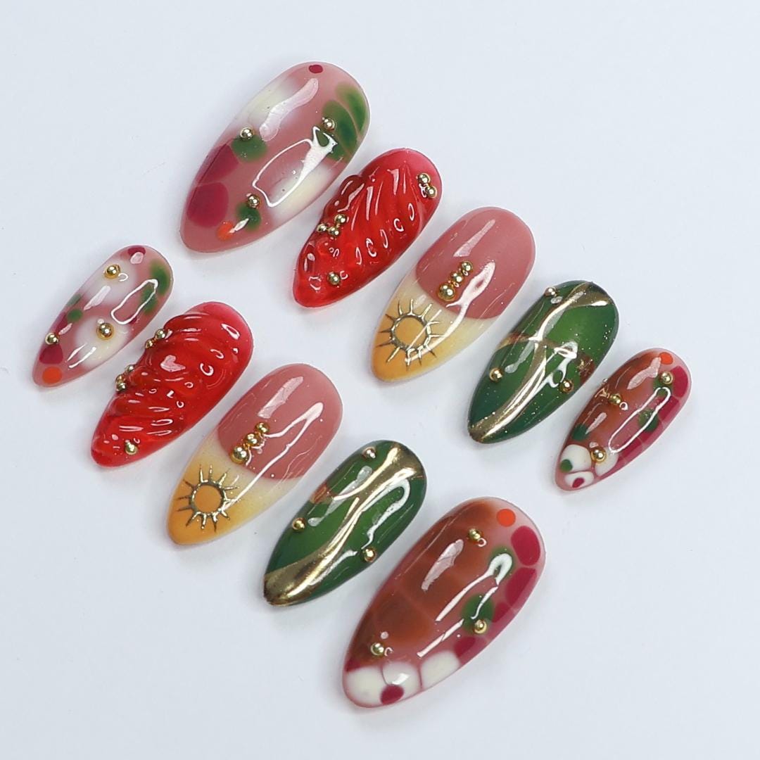 Freestyle Red & Green with Gold Chrome Long Coffin Press On Nails, Air Brush Fake Nails, Edgy Chrome Nails, Birthday Party Holiday Nail