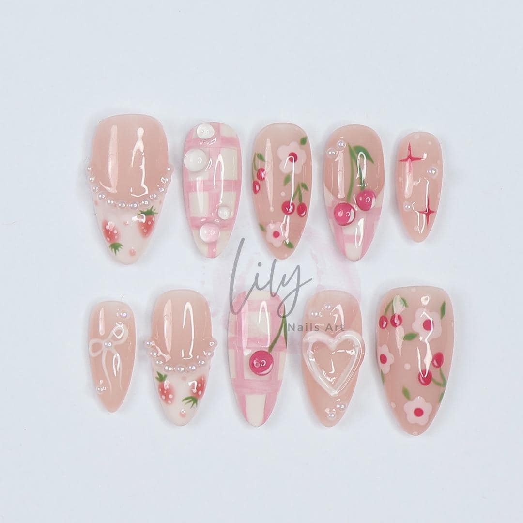 Cute Pink Press-On Nails Featuring Floral, Strawberry, and Cherry Designs in Medium Almond Shape - Suitable for Daily nail or Gift for her