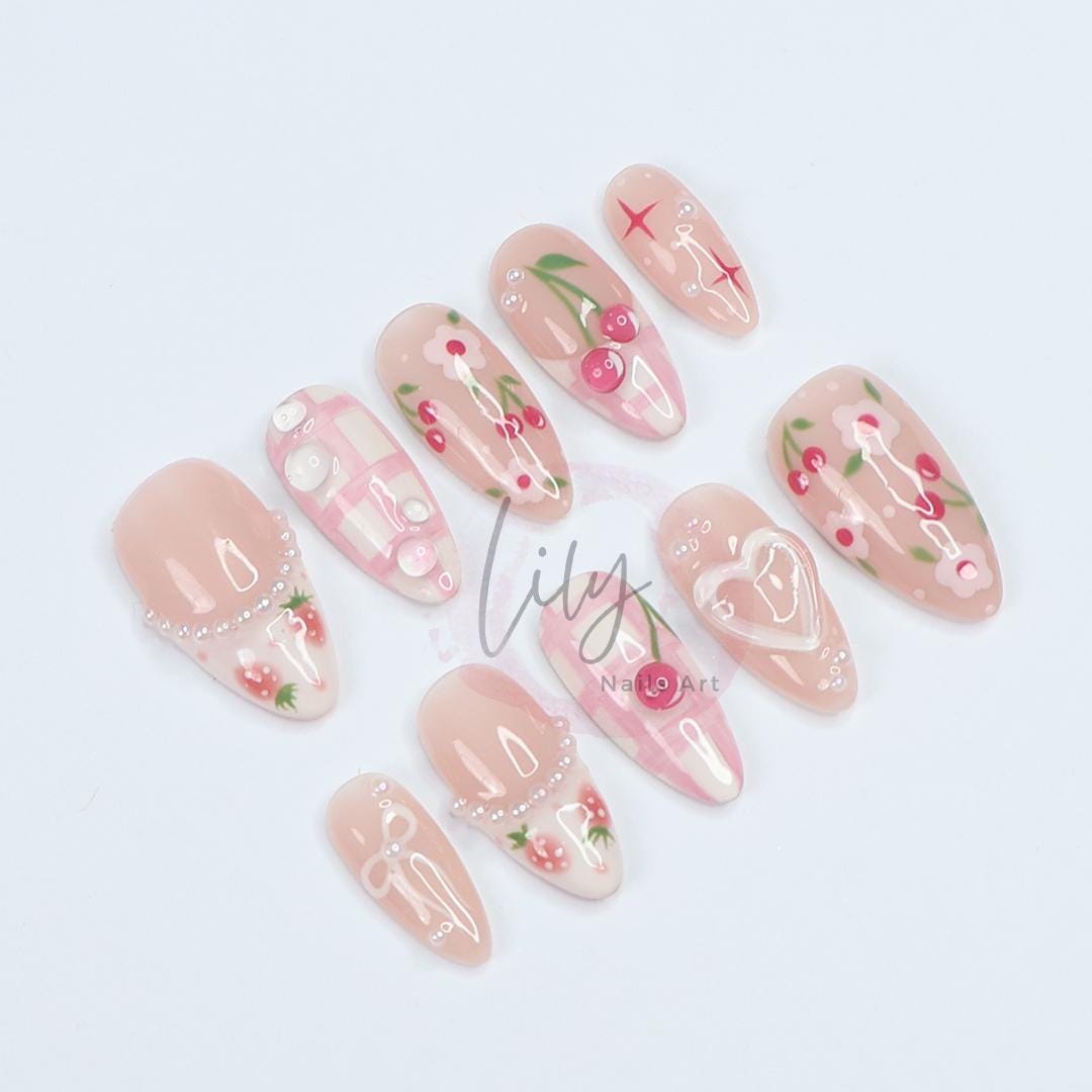 Cute Pink Press-On Nails Featuring Floral, Strawberry, and Cherry Designs in Medium Almond Shape - Suitable for Daily nail or Gift for her