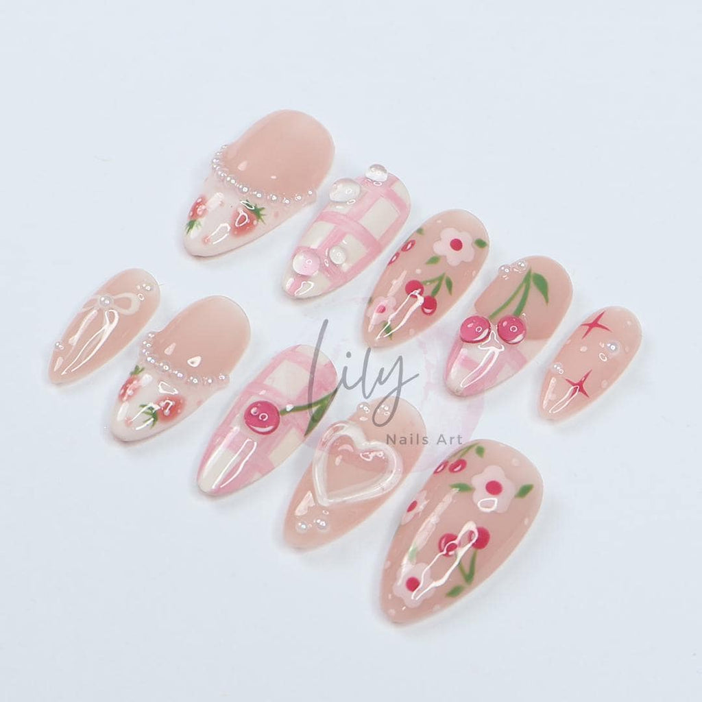 Cute Pink Press-On Nails Featuring Floral, Strawberry, and Cherry Designs in Medium Almond Shape - Suitable for Daily nail or Gift for her