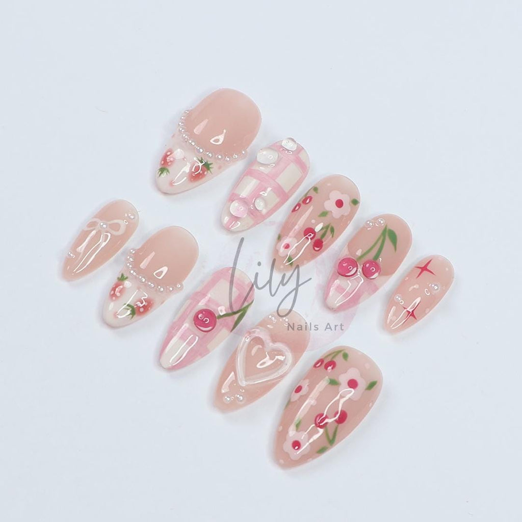 Cute Pink Press-On Nails Featuring Floral, Strawberry, and Cherry Designs in Medium Almond Shape - Suitable for Daily nail or Gift for her
