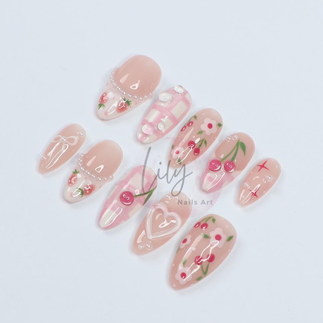Cute Pink Press-On Nails Featuring Floral, Strawberry, and Cherry Designs in Medium Almond Shape - Suitable for Daily nail or Gift for her