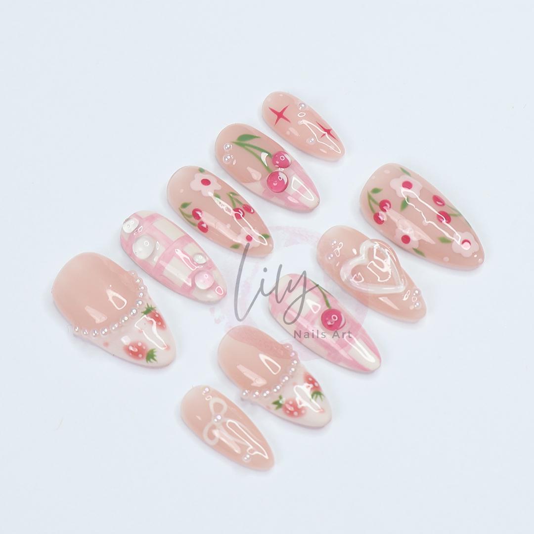 Cute Pink Press-On Nails Featuring Floral, Strawberry, and Cherry Designs in Medium Almond Shape - Suitable for Daily nail or Gift for her