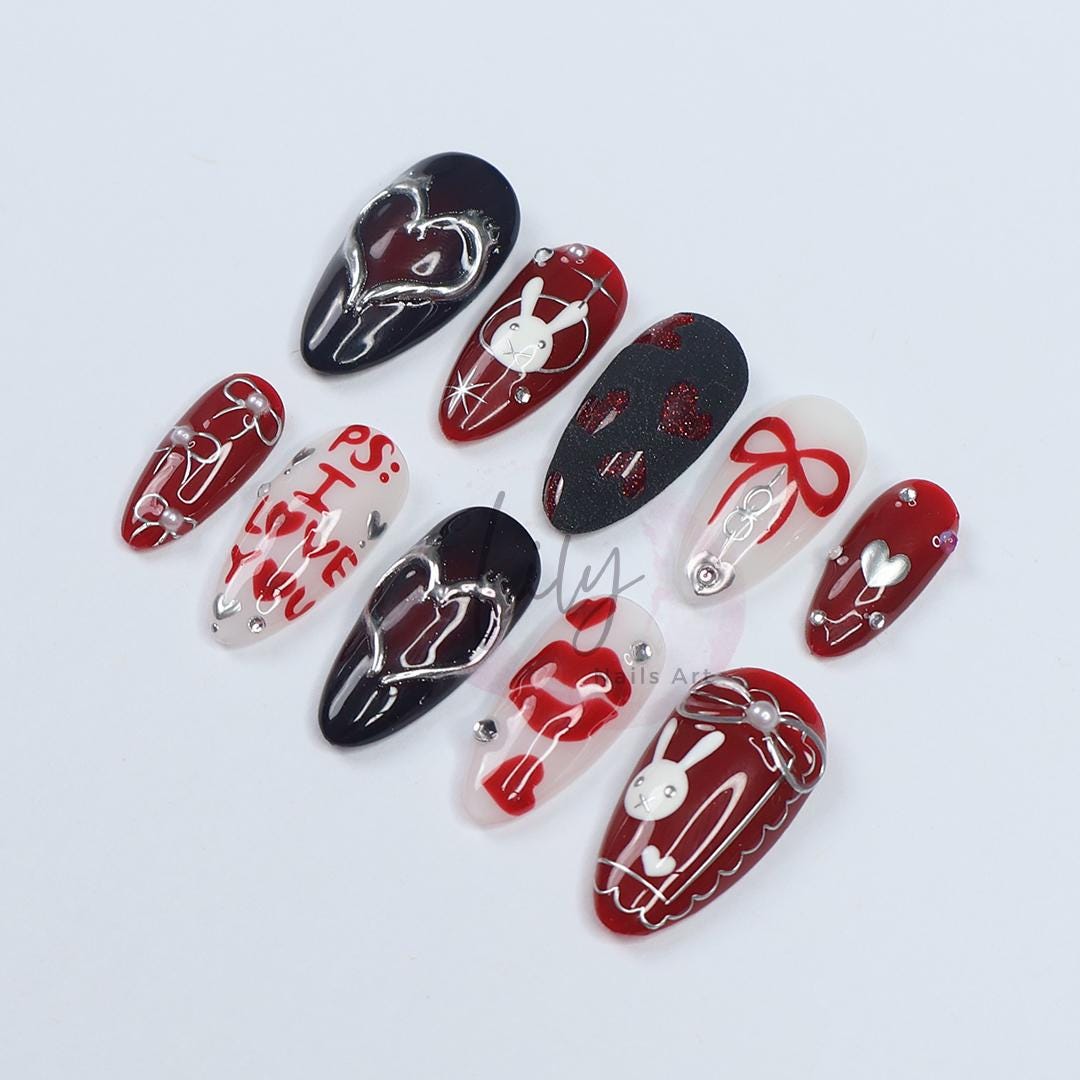 Valentine's Press-On Nail - Red, Black and White with Heart, Bunny & 3D Silver Detail in Medium Almond, Perfect gift for her or Valentine's