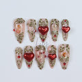 Romantic Valentine's Press-On Nail - Nude with Gold Swirls, 3D Red Heart & Angel Art - Elegant Medium Almond Gift for her or Valentine's Day