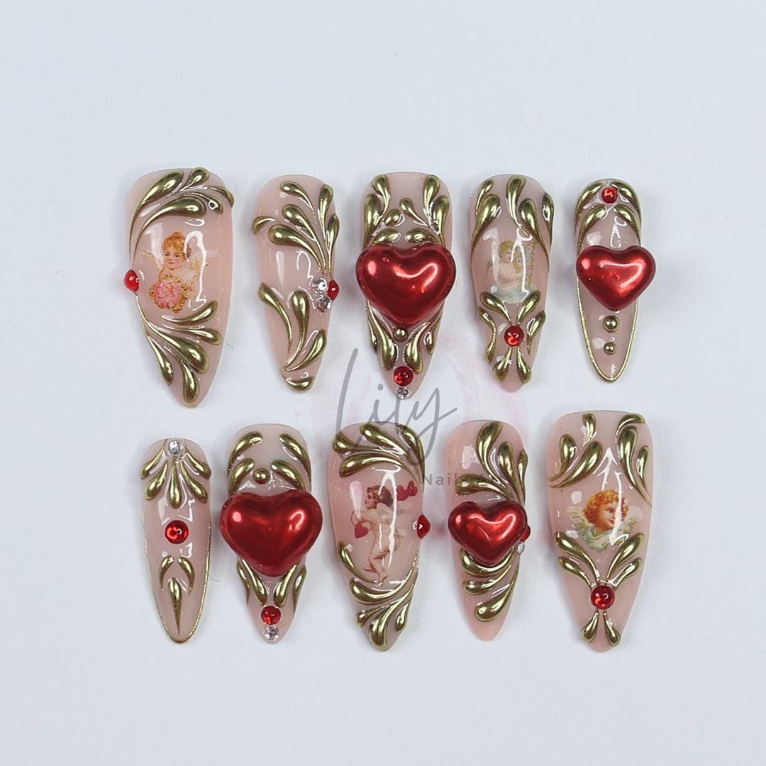 Romantic Valentine's Press-On Nail - Nude with Gold Swirls, 3D Red Heart & Angel Art - Elegant Medium Almond Gift for her or Valentine's Day