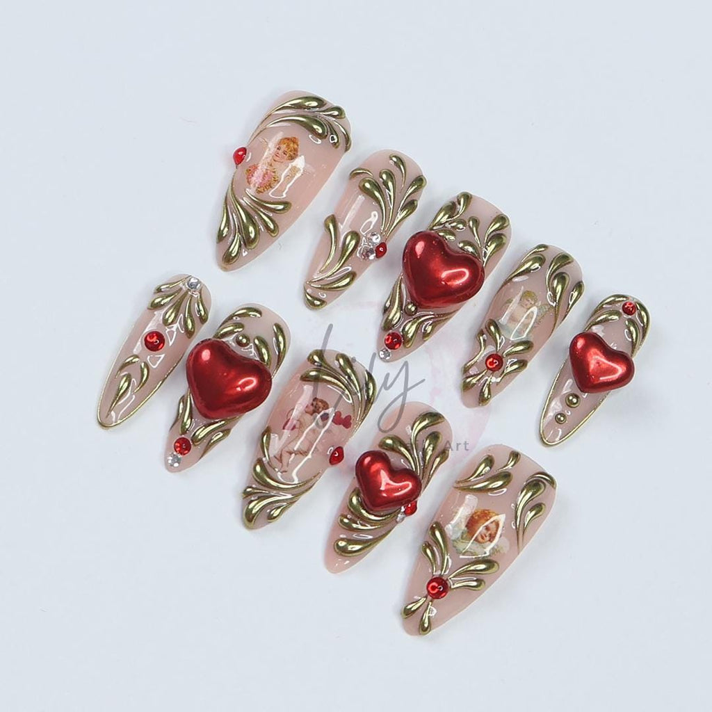 Romantic Valentine's Press-On Nail - Nude with Gold Swirls, 3D Red Heart & Angel Art - Elegant Medium Almond Gift for her or Valentine's Day