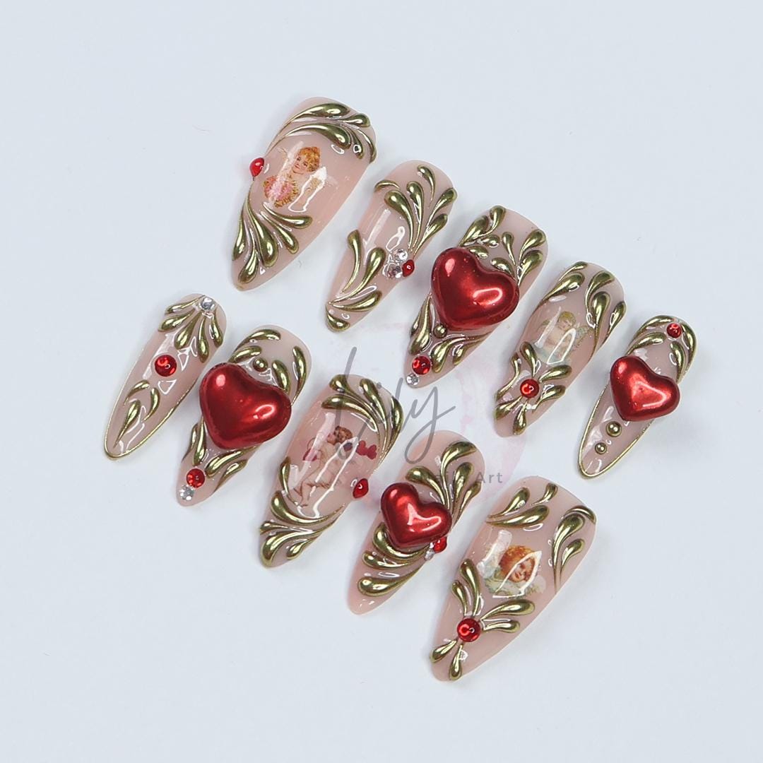 Romantic Valentine's Press-On Nail - Nude with Gold Swirls, 3D Red Heart & Angel Art - Elegant Medium Almond Gift for her or Valentine's Day