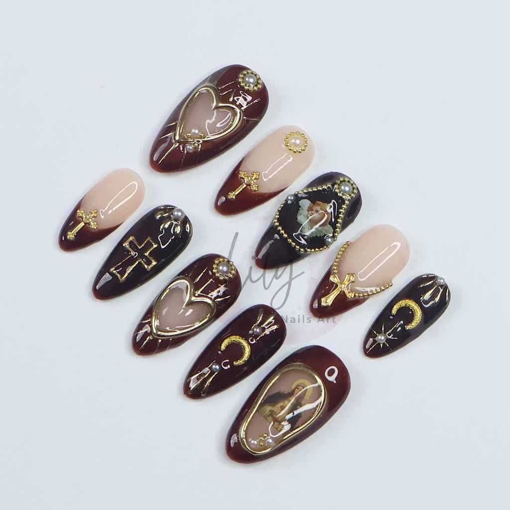 Gothic Press-On Nails - Deep Red and Black with Gold Crosses, Pearls & Sacred Art, Medium Almond, Perfect Gift or Special Occasion Nails