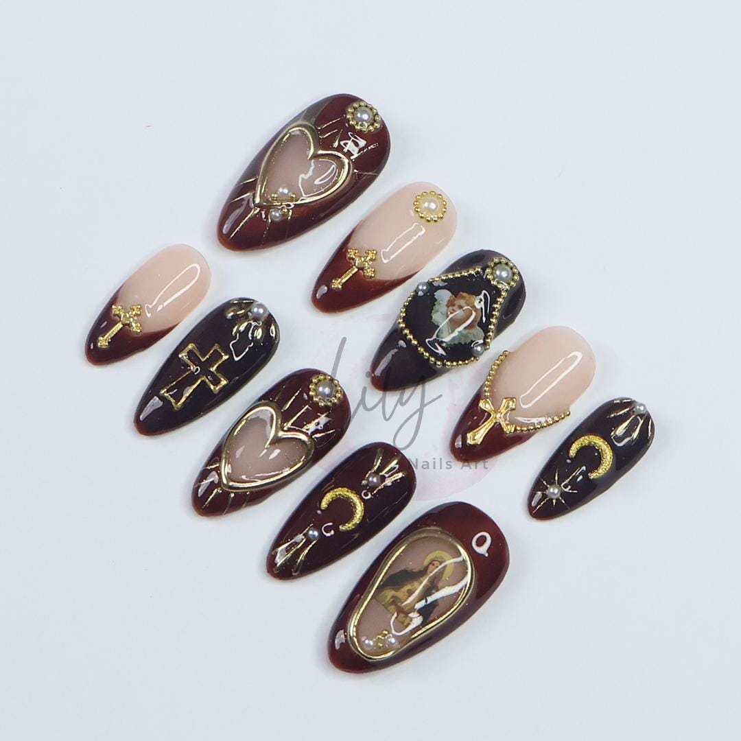 Gothic Press-On Nails - Deep Red and Black with Gold Crosses, Pearls & Sacred Art, Medium Almond, Perfect Gift or Special Occasion Nails