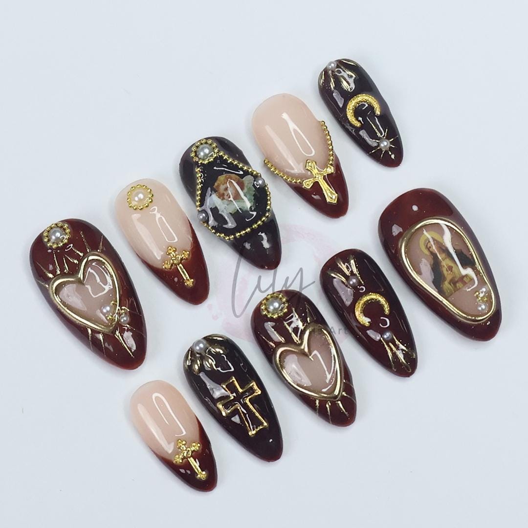 Gothic Press-On Nails - Deep Red and Black with Gold Crosses, Pearls & Sacred Art, Medium Almond, Perfect Gift or Special Occasion Nails