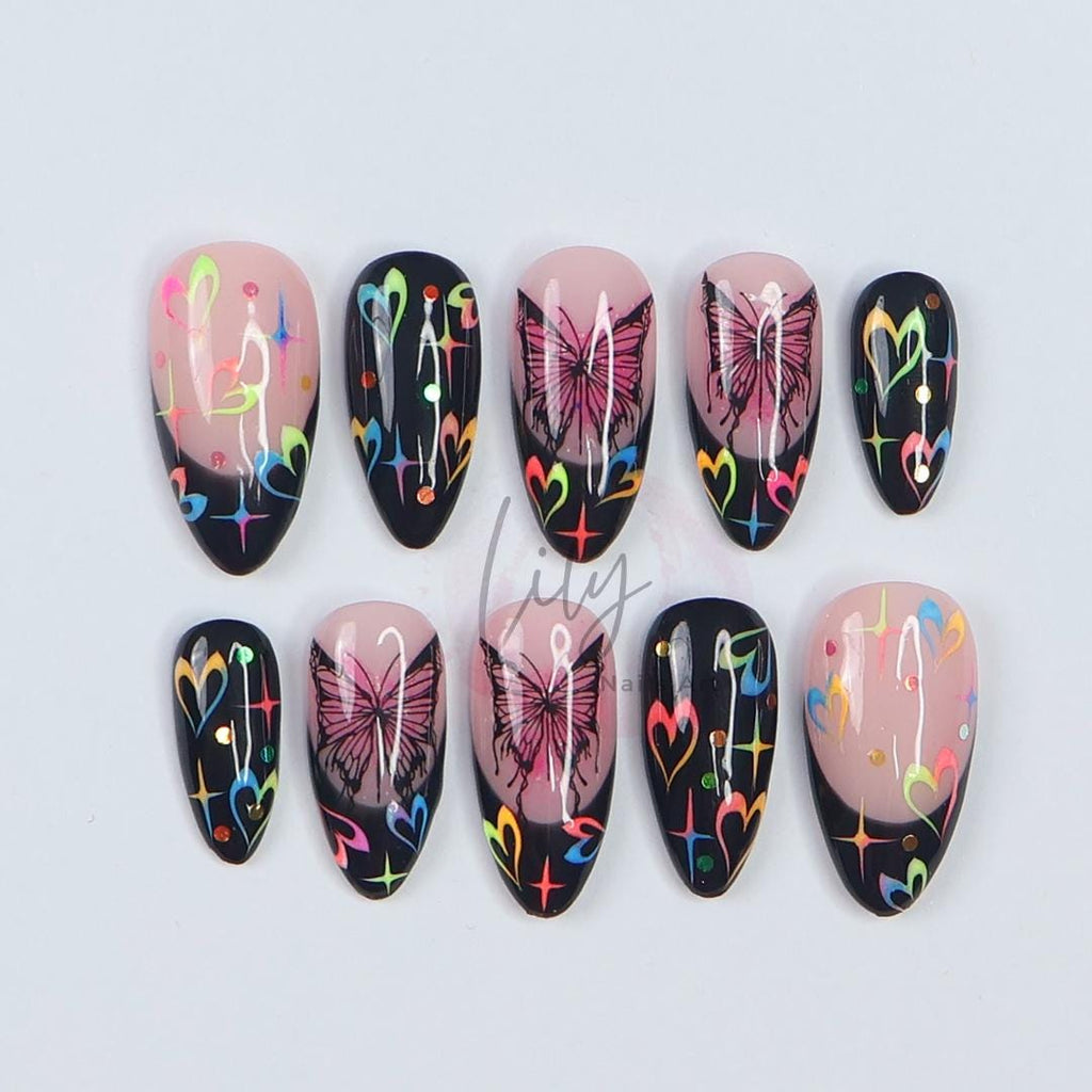 Neon Butterfly Press-On Nails - Black French Tip, Colorful Hearts, Glitter & Rainbow Details - Medium Almond, Perfect for Daily Wear or Gift