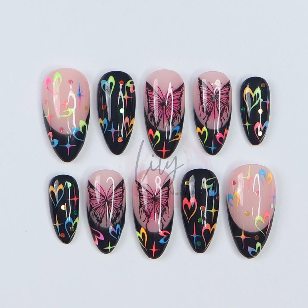 Neon Butterfly Press-On Nails - Black French Tip, Colorful Hearts, Glitter & Rainbow Details - Medium Almond, Perfect for Daily Wear or Gift