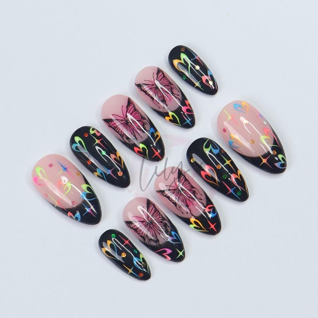 Neon Butterfly Press-On Nails - Black French Tip, Colorful Hearts, Glitter & Rainbow Details - Medium Almond, Perfect for Daily Wear or Gift