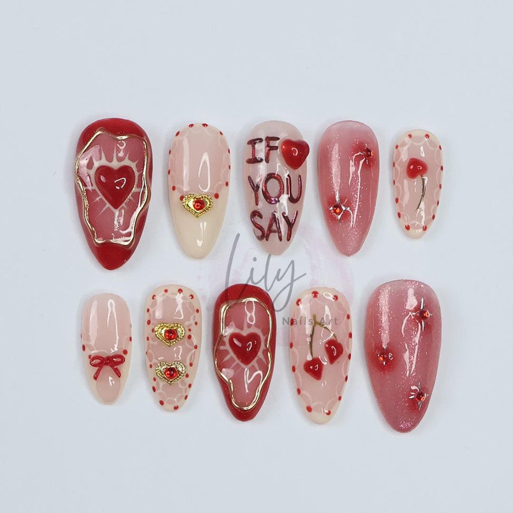 Valentine's Press-On Nails - Red, Nude with Hearts, Gold Accents and Romantic Design, Medium Almond, Perfect Gift for Her or Occasion