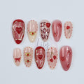 Valentine's Press-On Nails - Red, Nude with Hearts, Gold Accents and Romantic Design, Medium Almond, Perfect Gift for Her or Occasion