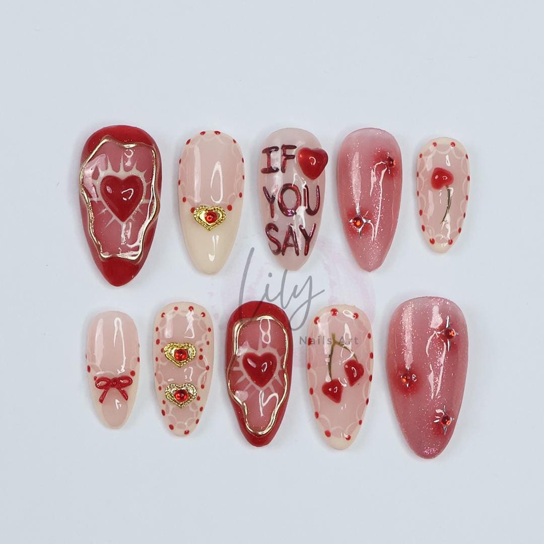 Valentine's Press-On Nails - Red, Nude with Hearts, Gold Accents and Romantic Design, Medium Almond, Perfect Gift for Her or Occasion