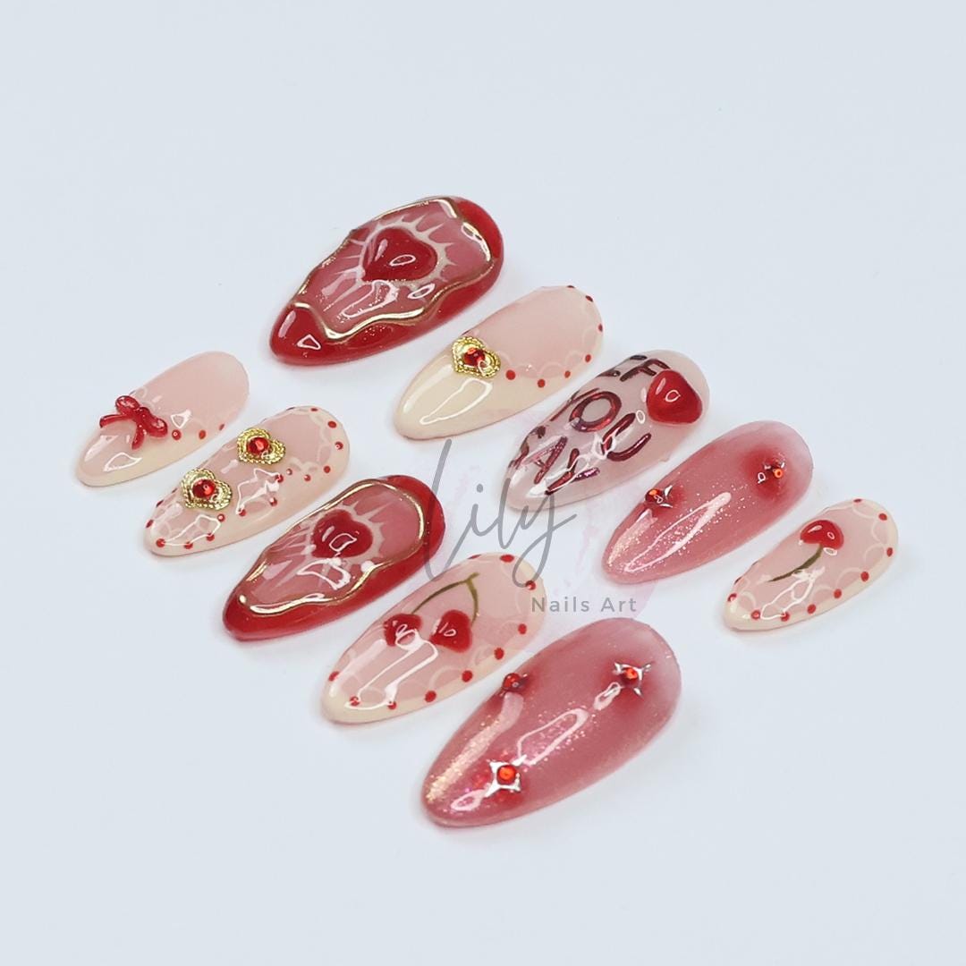Valentine's Press-On Nails - Red, Nude with Hearts, Gold Accents and Romantic Design, Medium Almond, Perfect Gift for Her or Occasion
