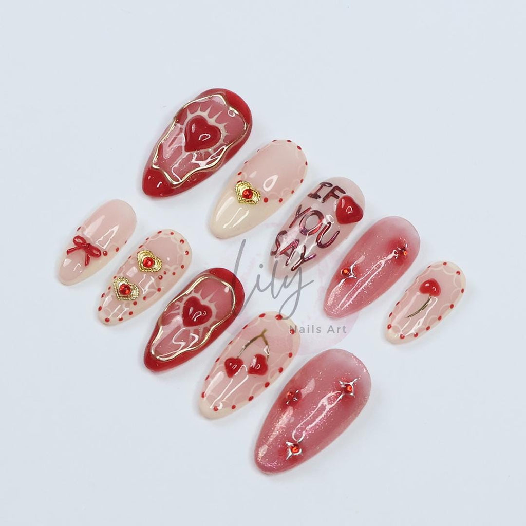Valentine's Press-On Nails - Red, Nude with Hearts, Gold Accents and Romantic Design, Medium Almond, Perfect Gift for Her or Occasion