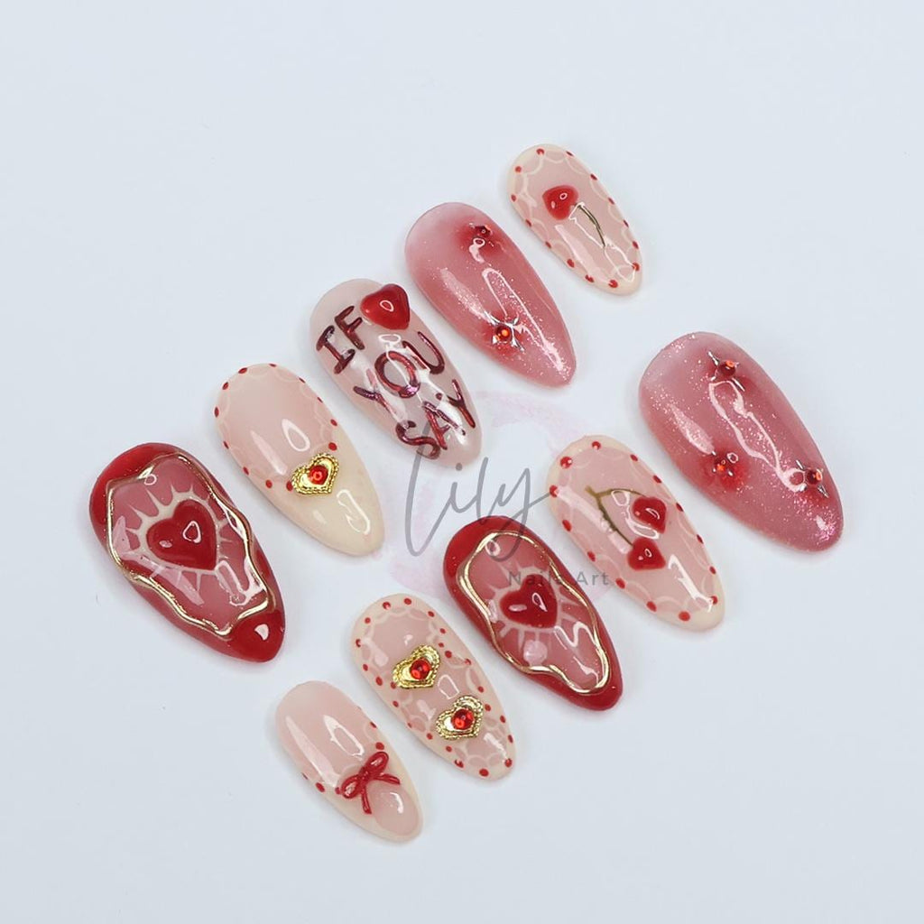 Valentine's Press-On Nails - Red, Nude with Hearts, Gold Accents and Romantic Design, Medium Almond, Perfect Gift for Her or Occasion