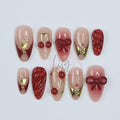 Elegant Cherry Press-On Nails - Red & Nude with 3D Bows, Gold Accents, Romantic Design - Medium Almond, Perfect Gift or Daily Nails