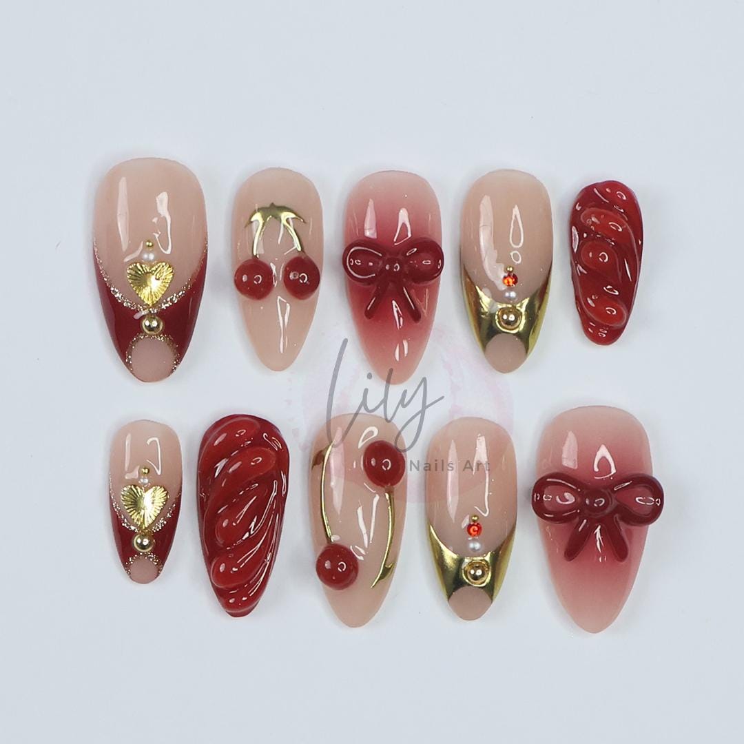 Elegant Cherry Press-On Nails - Red & Nude with 3D Bows, Gold Accents, Romantic Design - Medium Almond, Perfect Gift or Daily Nails