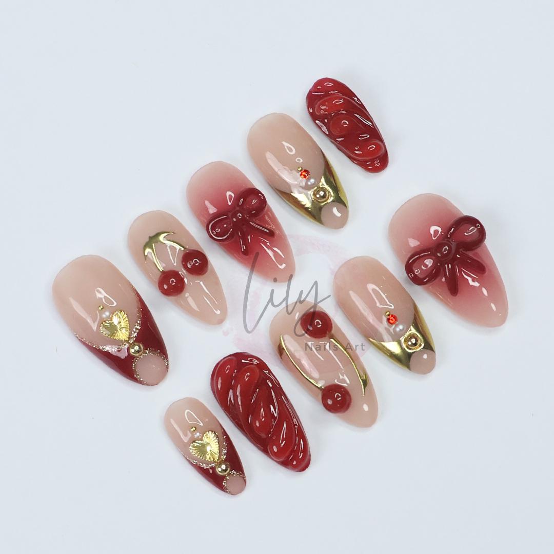 Elegant Cherry Press-On Nails - Red & Nude with 3D Bows, Gold Accents, Romantic Design - Medium Almond, Perfect Gift or Daily Nails
