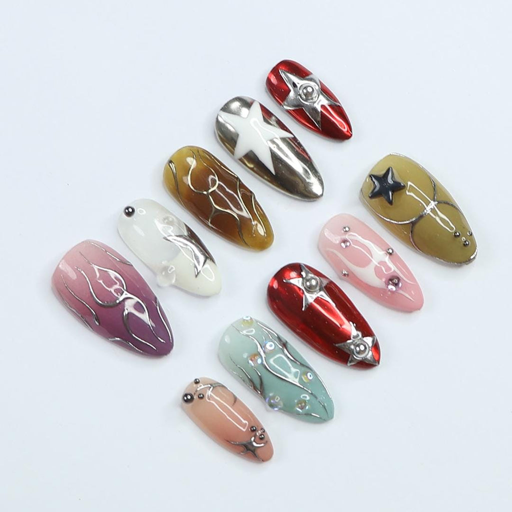 3D Freestyle Almond Goth Press On Nails, Handpainted Luxury Acrylic Gothic Fake Nails, Emo Y2K Style