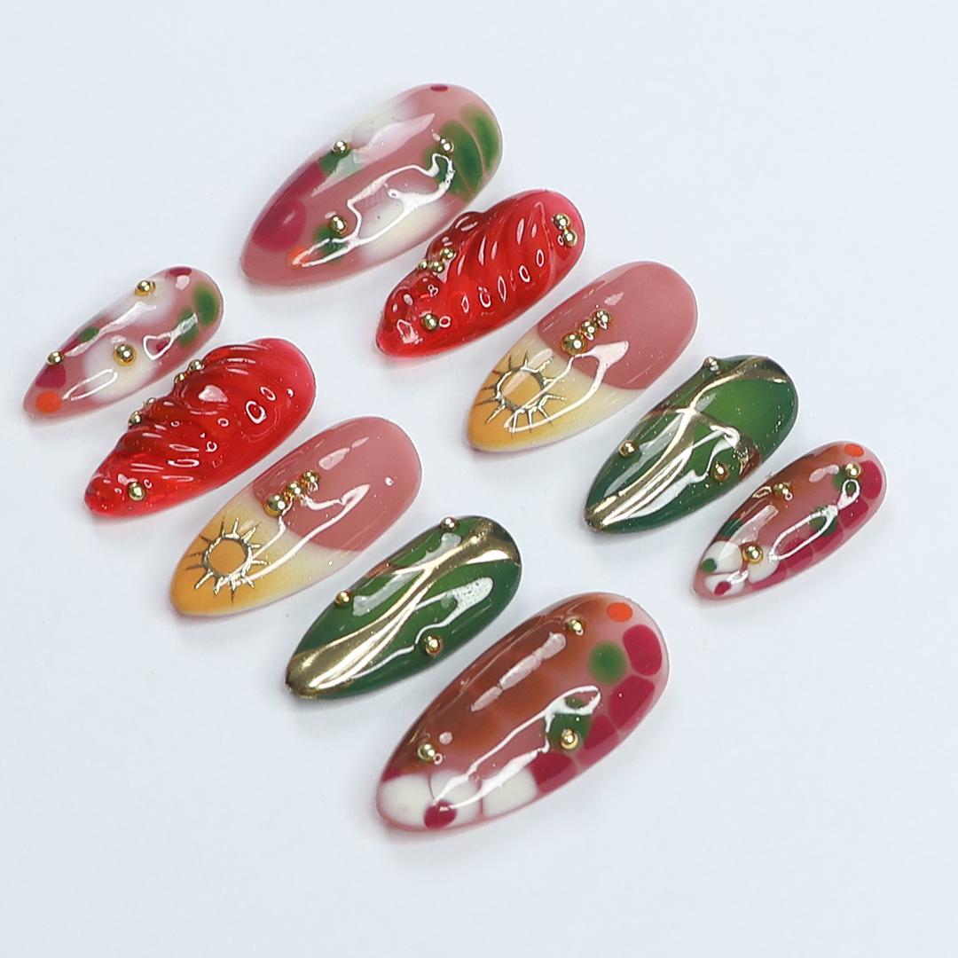 Freestyle Red & Green with Gold Chrome Long Coffin Press On Nails, Air Brush Fake Nails, Edgy Chrome Nails, Birthday Party Holiday Nail