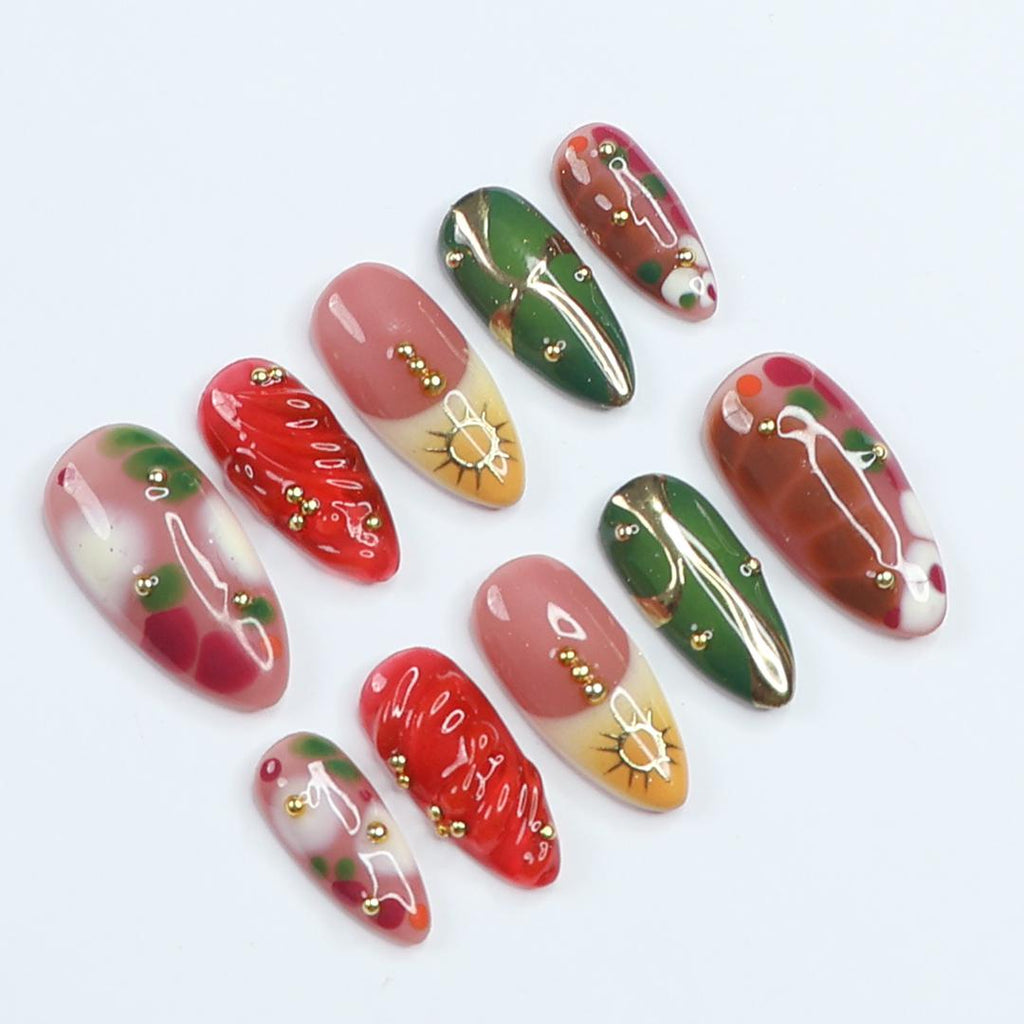 Freestyle Red & Green with Gold Chrome Long Coffin Press On Nails, Air Brush Fake Nails, Edgy Chrome Nails, Birthday Party Holiday Nail