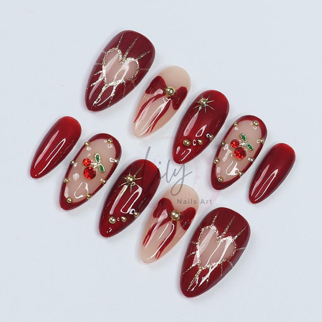 Valentine Vibes: Cherished Cherry Nail Art, Medium press-on nails adorned with bows & gold glitter - the perfect gift for her
