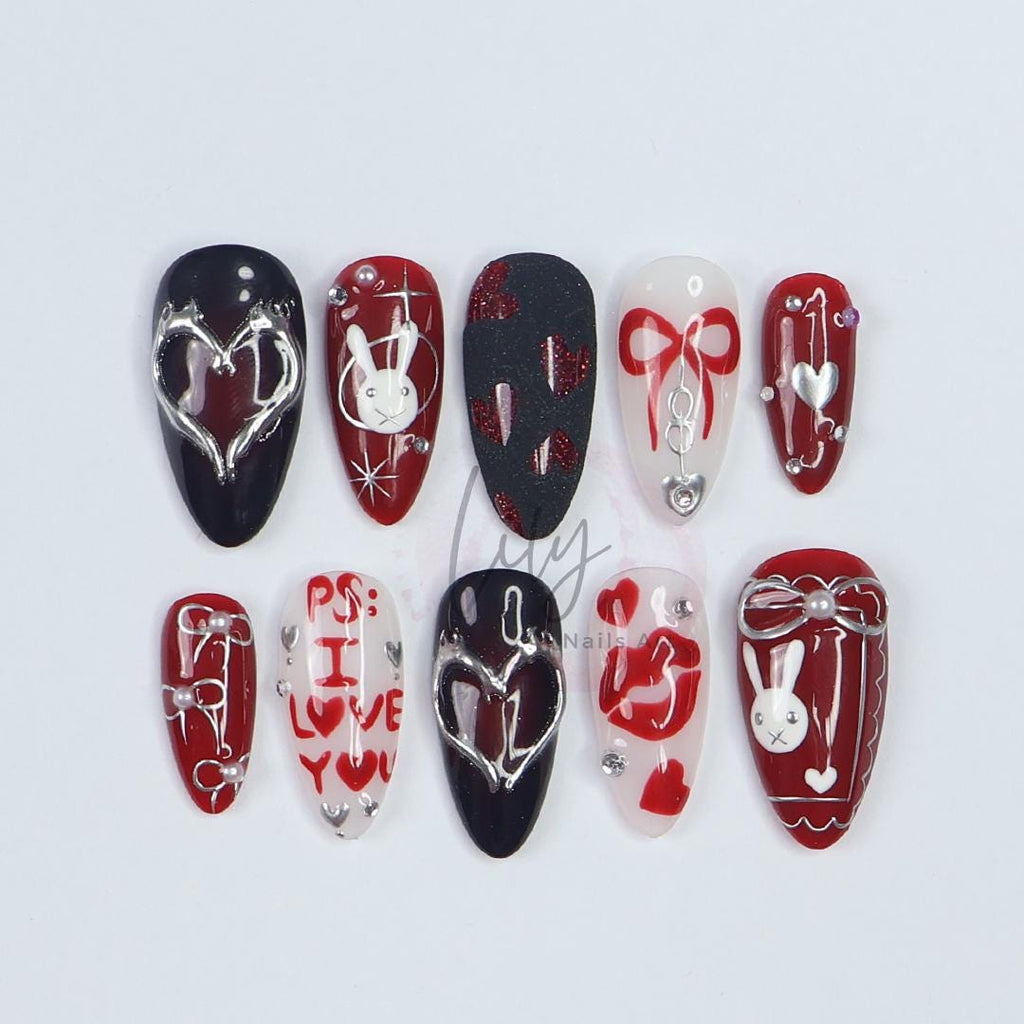 Valentine's Press-On Nail - Red, Black and White with Heart, Bunny & 3D Silver Detail in Medium Almond, Perfect gift for her or Valentine's