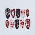 Valentine's Press-On Nail - Red, Black and White with Heart, Bunny & 3D Silver Detail in Medium Almond, Perfect gift for her or Valentine's