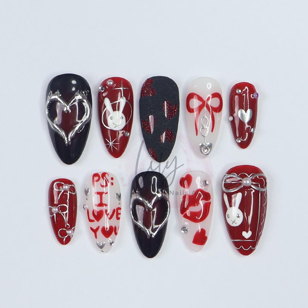 Valentine's Press-On Nail - Red, Black and White with Heart, Bunny & 3D Silver Detail in Medium Almond, Perfect gift for her or Valentine's