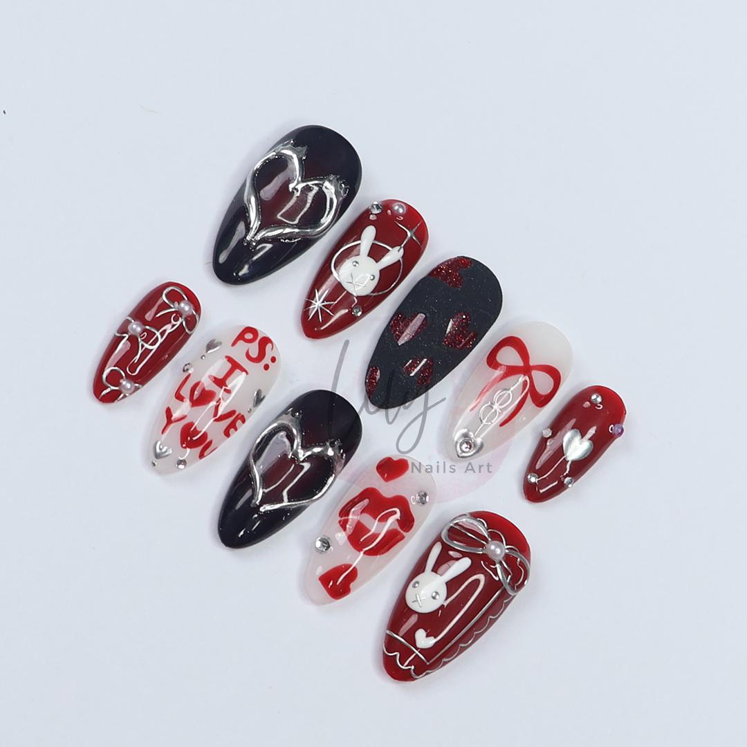 Valentine's Press-On Nail - Red, Black and White with Heart, Bunny & 3D Silver Detail in Medium Almond, Perfect gift for her or Valentine's