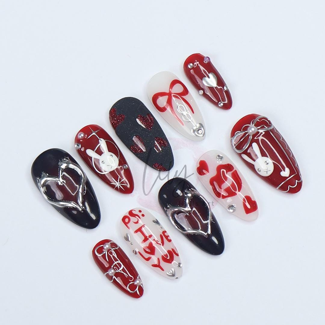 Valentine's Press-On Nail - Red, Black and White with Heart, Bunny & 3D Silver Detail in Medium Almond, Perfect gift for her or Valentine's