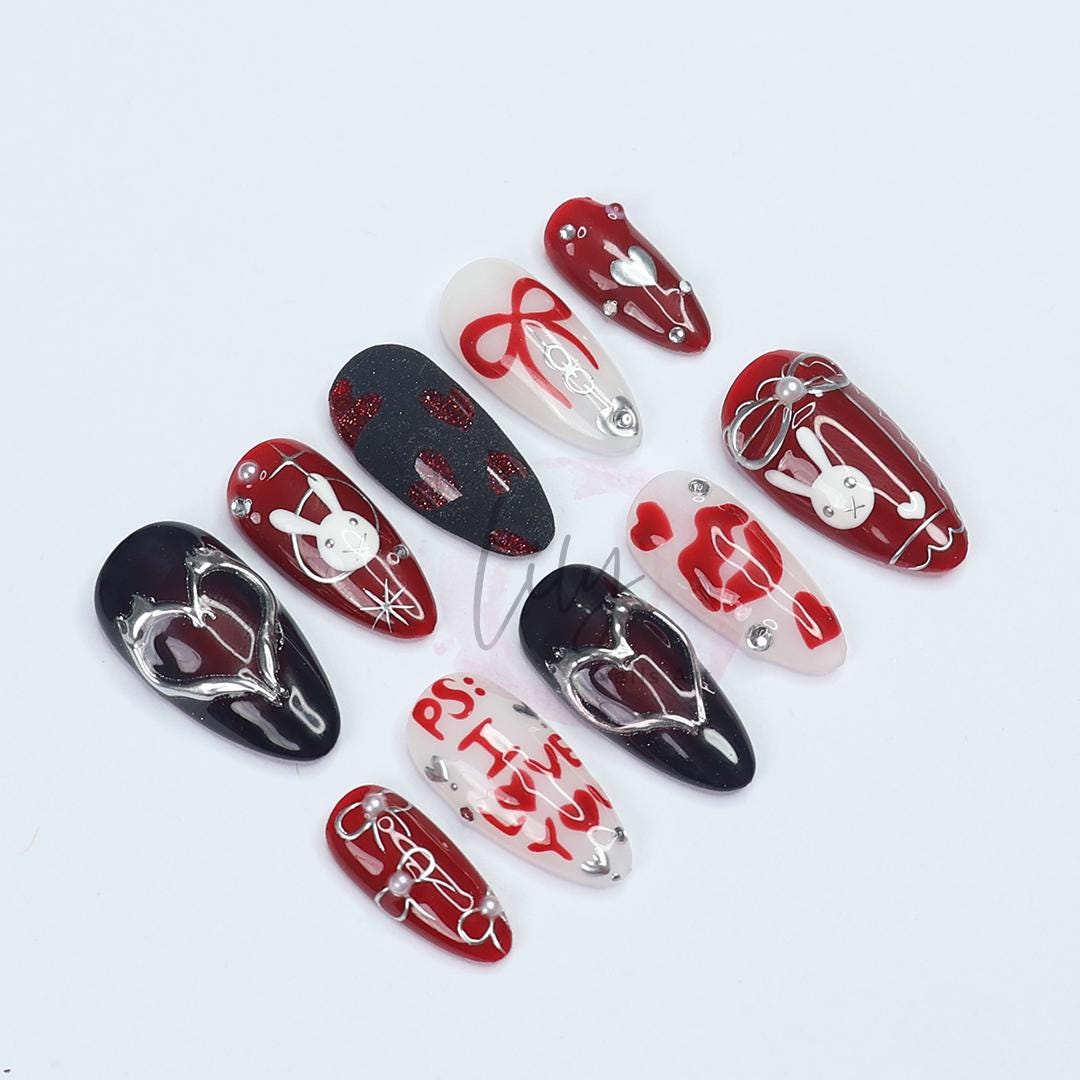 Valentine's Press-On Nail - Red, Black and White with Heart, Bunny & 3D Silver Detail in Medium Almond, Perfect gift for her or Valentine's