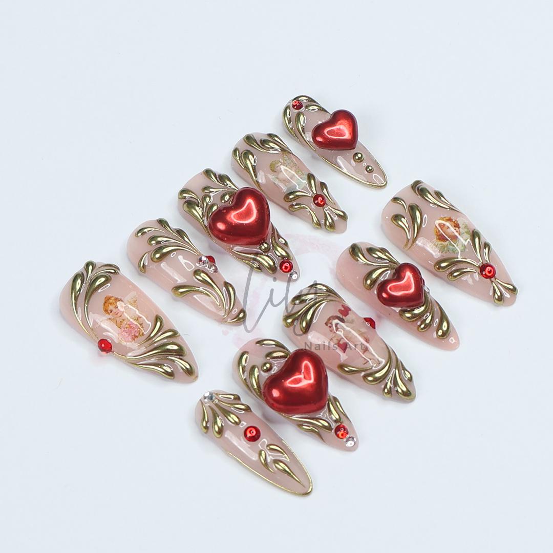 Romantic Valentine's Press-On Nail - Nude with Gold Swirls, 3D Red Heart & Angel Art - Elegant Medium Almond Gift for her or Valentine's Day
