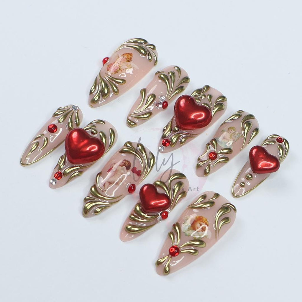 Romantic Valentine's Press-On Nail - Nude with Gold Swirls, 3D Red Heart & Angel Art - Elegant Medium Almond Gift for her or Valentine's Day