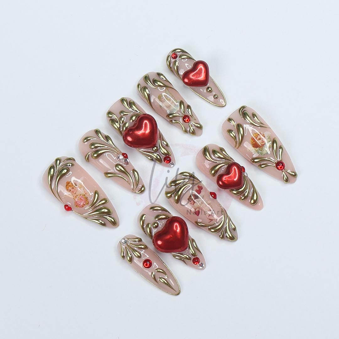 Romantic Valentine's Press-On Nail - Nude with Gold Swirls, 3D Red Heart & Angel Art - Elegant Medium Almond Gift for her or Valentine's Day