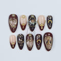 Gothic Press-On Nails - Deep Red and Black with Gold Crosses, Pearls & Sacred Art, Medium Almond, Perfect Gift or Special Occasion Nails