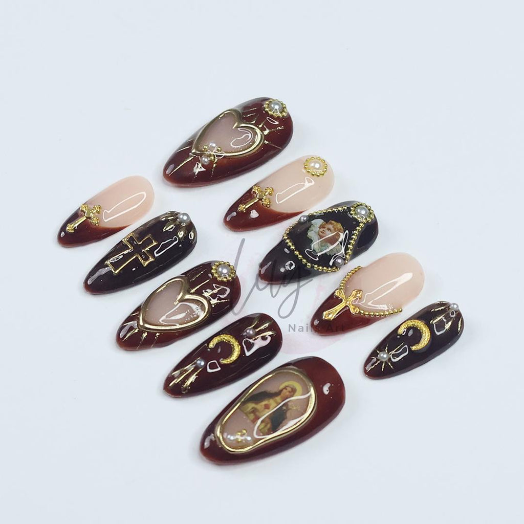 Gothic Press-On Nails - Deep Red and Black with Gold Crosses, Pearls & Sacred Art, Medium Almond, Perfect Gift or Special Occasion Nails