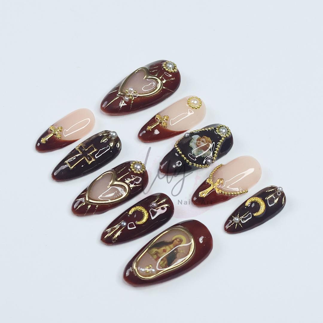 Gothic Press-On Nails - Deep Red and Black with Gold Crosses, Pearls & Sacred Art, Medium Almond, Perfect Gift or Special Occasion Nails