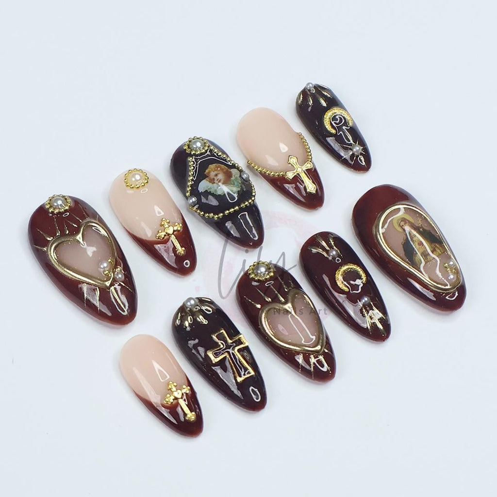Gothic Press-On Nails - Deep Red and Black with Gold Crosses, Pearls & Sacred Art, Medium Almond, Perfect Gift or Special Occasion Nails