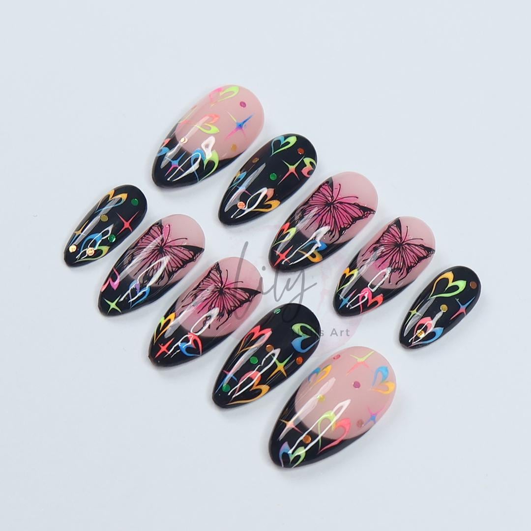 Neon Butterfly Press-On Nails - Black French Tip, Colorful Hearts, Glitter & Rainbow Details - Medium Almond, Perfect for Daily Wear or Gift