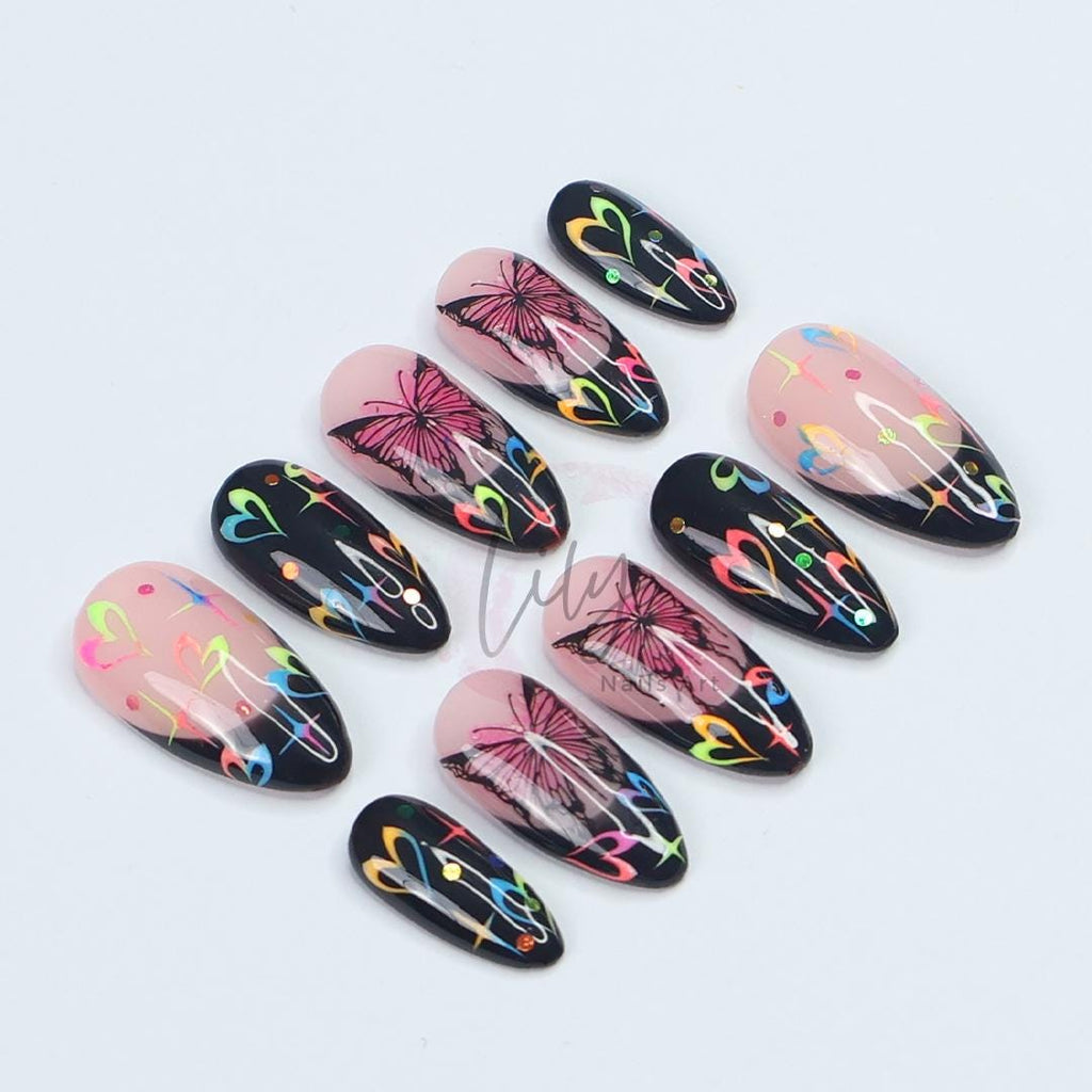 Neon Butterfly Press-On Nails - Black French Tip, Colorful Hearts, Glitter & Rainbow Details - Medium Almond, Perfect for Daily Wear or Gift