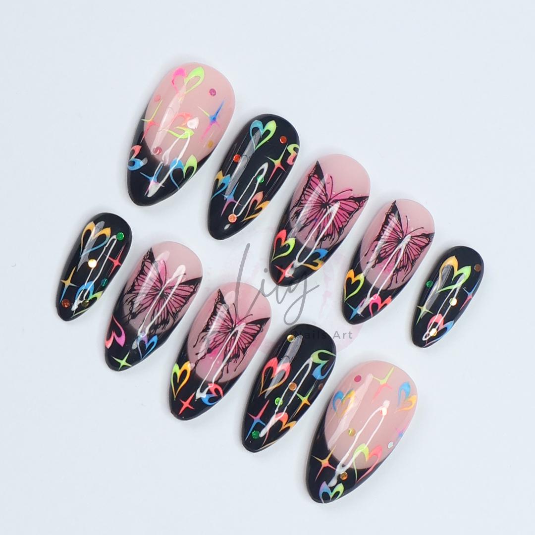 Neon Butterfly Press-On Nails - Black French Tip, Colorful Hearts, Glitter & Rainbow Details - Medium Almond, Perfect for Daily Wear or Gift
